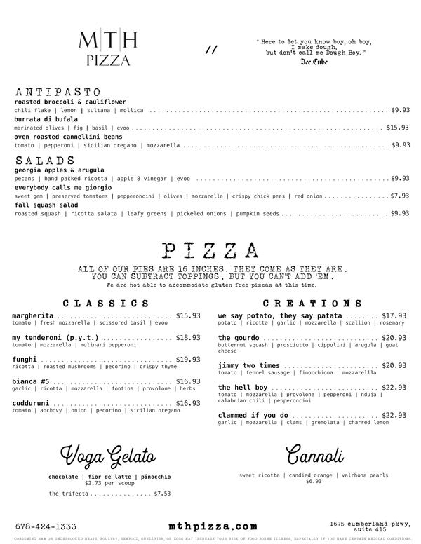 The menu for MTH Pizza