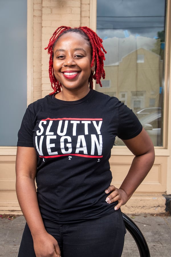 04/30/2020 - Atlanta, Georgia  - Slutty Vegan ATL CEO and Founder Pinky Cole stands for a portrait outside of her restaurant, located at 1542 Ralph David Abernathy Boulevard SW, in Atlanta's Westview community, Thursday, April 30, 2020. (ALYSSA POINTER / ALYSSA.POINTER@AJC.COM)