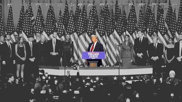 Donald Trump speaks at an election night watch party. He's joined by a crew of longtime friends, aides and new allies. (AP Photo/Lynne Sladky; AP Illustration by Alex Connor)