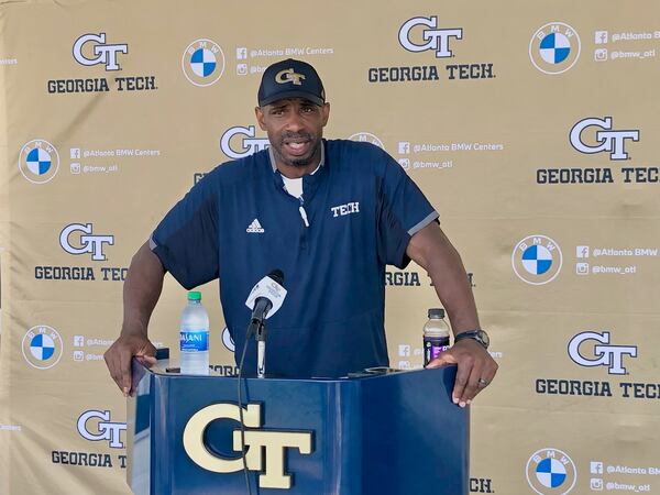 Georgia Tech defensive ends/outside linebackers coach Marco Coleman addresses media on Aug. 12, 2021 at Bobby Dodd Stadium. (AJC photo by Ken Sugiura)