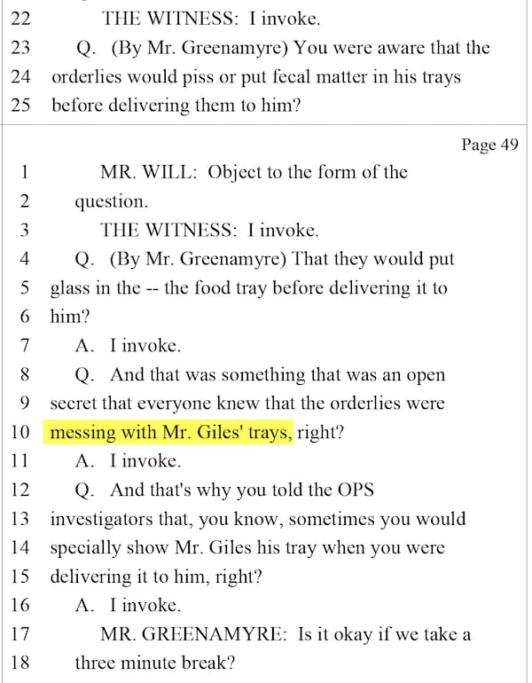 In this July 2023 deposition with guard Robert Roberson, Roberson takes the Fifth when asked whether inmate Thomas Henry Giles' food trays were routinely tampered with. (Georgia Department of Corrections)