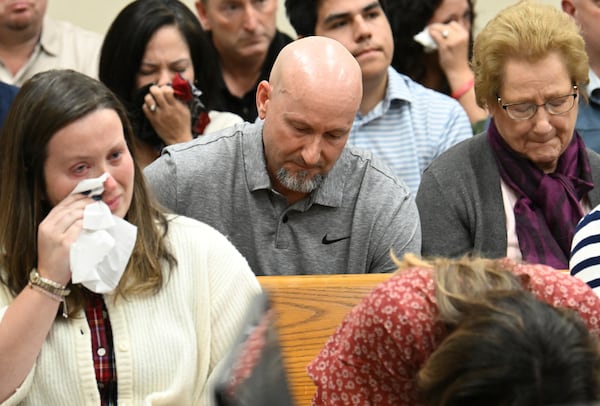 John Phillips, stepfather of Laken Riley, reacts as Superior Court Judge H. Patrick Haggard announces the verdict during a trial of Jose Ibarra at Athens-Clarke County Superior Court, Wednesday, Nov. 20, 2024, in Athens, Ga. (Hyosub Shin/Atlanta Journal-Constitution via AP, Pool)