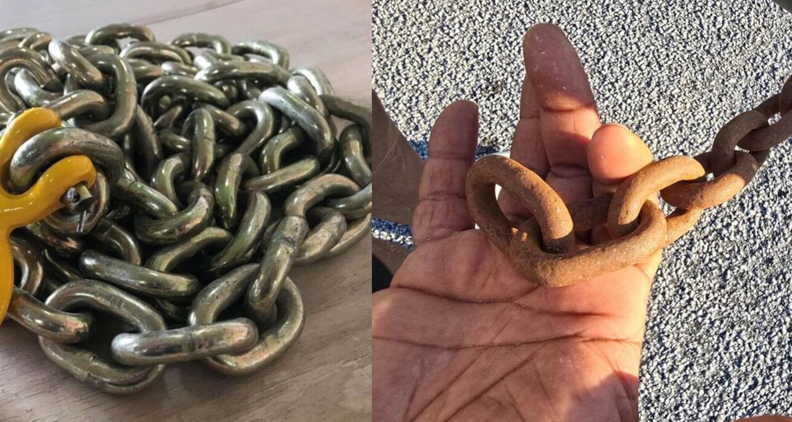 Melvin Little provided photos of a metal chain he uses to lock Precision Paint and Collision, his business a half mile away from BioLab's facility in Rockdale County. Left is the picture of the chain before BioLab's Sept. 29 fire, and right is the chain six days after the incident. Courtesy of Melvin Little