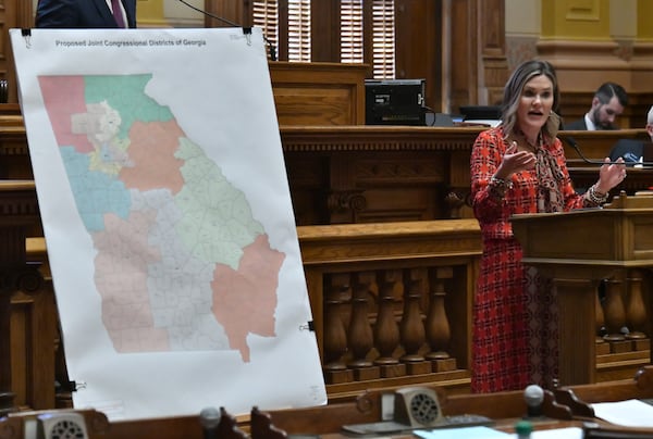 State Sen. Elena Parent, D-Atlanta, speaks in opposition of SB 2 EX, newly-drawn congressional maps, in the Senate Chambers during a special session at the Georgia State Capitol in Atlanta on Friday, November 19, 2021. (Hyosub Shin/hyosub.shin@ajc.com)