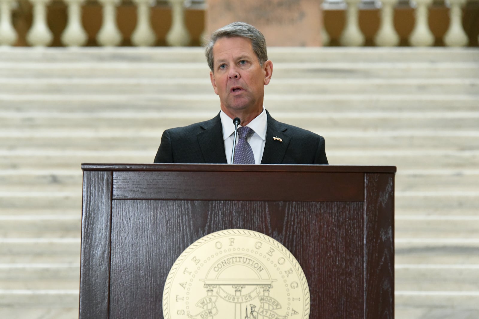 August 19, 2021 Atlanta - Gov. Brian Kemp makes remarks on an executive order during a news conference at the Georgia State Capitol building on Thursday, August 19, 2021. Gov. Brian Kemp signed an executive order Thursday that he said would ÒprotectÓ private businesses by barring local governments from forcing them to enact vaccine requirements, indoor capacity limits and mask rules aimed at stemming the spread of the coronavirus pandemic. (Hyosub Shin / Hyosub.Shin@ajc.com)