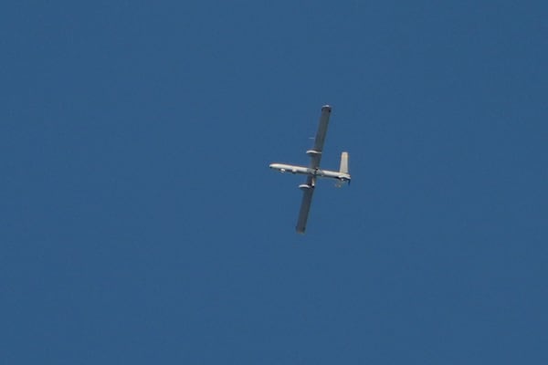 An Israeli drone flies over Dahiyeh, in the southern suburb of Beirut, Lebanon, Saturday, Nov. 16, 2024. (AP Photo/Bilal Hussein)