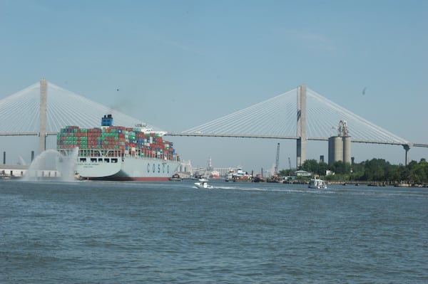 A Cosco Development container ship, crosses under the Talmadge Bridge en route to the Garden City Terminal on the Savannah River on May 11, 2017. A Georgia Ports Authority plan to expand at the Port of Savannah could require replacement of the bridge. J. Scott Trubey/AJC 2017