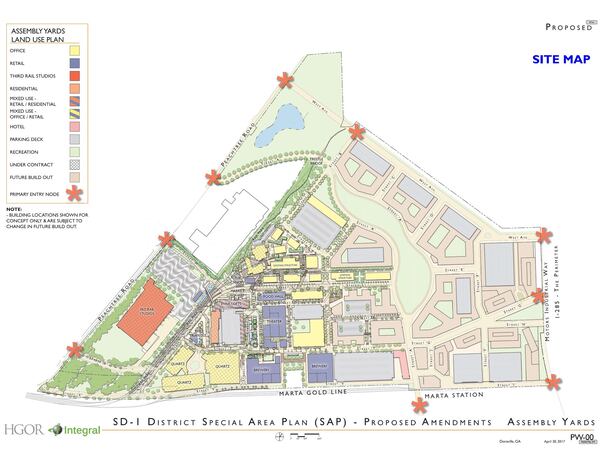 Serta Simmons Bedding’s corporate headquarters is planned for the southwest corner of the 165-acre site of a former General Motors plant in Doraville. Labeled “Quartz” on the map, Serta Simmons would build a four-story office building, a parking deck and an R&D facility. Credit: Integral Group, city of Doraville.