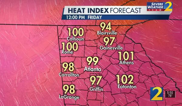 Heat indexes could top 100 degrees in North Georgia on Thursday, according to Channel 2 Action News.