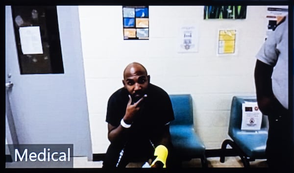 Braves outfielder Marcell Ozuna appears in Fulton County Magistrate Court via Zoom on Monday morning, where he was granted bond. Ozuna was arrested Saturday after Sandy Springs Police officers reported seeing him choke his wife, throw her against a wall and strike her with a cast. (Ben Gray for the Atlanta Journal-Constitution)