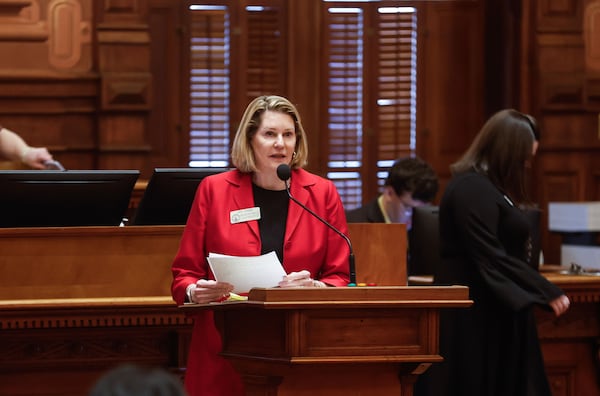 Speaker Pro Tem Jan Jones, R-Milton, speaks in favor of Senate Bill 233 at the Georgia State Capitol on Thursday, March 14, 2024. The bill would give $6,500 a year in state funds to the parents of each child who opts for private schooling. (Natrice Miller/ Natrice.miller@ajc.com)