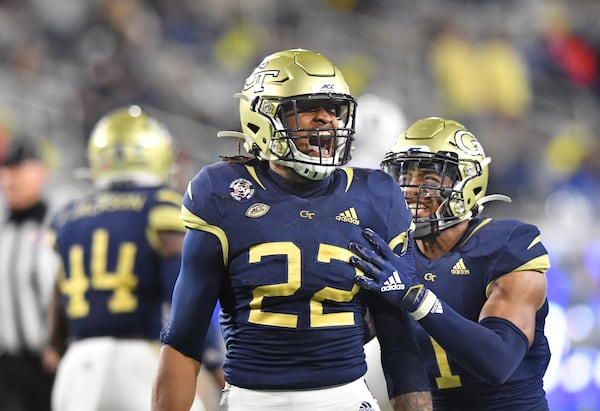 Georgia Tech's defensive back Kaleb Oliver (22) celebrates during the first half of an NCAA college football game at Georgia Tech's Bobby Dodd Stadium in Atlanta on Saturday, November 28, 2020. (Hyosub Shin / Hyosub.Shin@ajc.com)