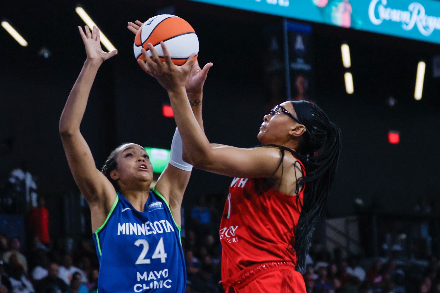 Atlanta Dream guard Allisha Gray shoots against Minnesota Lynx forward Napheesa Collier (24) during the second half at Gateway Center Arena, Sunday, May 26, 2024, in Atlanta.
(Miguel Martinez / AJC)