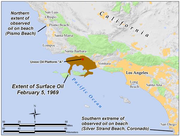 This map depicts the impact of the 3 million-gallon oil spill off the coast of California in 1969.