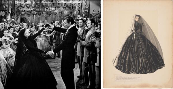 This costume sketch by Walter Plunkett for "Gone with the Wind" is valued at $7,000 to $9,000. Scarlett O'Hara (Vivien Leigh) wore the dress, known as the "Widow's Weeds gown, after the death of her first husband in the Civil War. O'Hara also wore the dress in a scene with her mother and when O’Hara scandalously dances with Rhett Butler (Clark Gable) at the Atlanta Bazaar. Courtesy of Bonhams