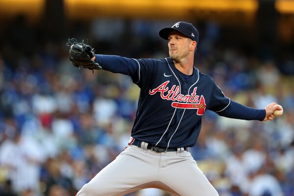 Braves relief pitcher Drew Smyly delivers a pitch during the second inning of Game 4 of the NLCS against the Los Angeles Dodgers Wednesday Oct. 20, 2021, in Los Angeles. (Curtis Compton / curtis.compton@ajc.com)