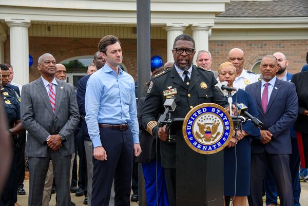 Sheriff Reginald B. Scandrett speaks at a press conference U.S. Senator for Georgia, Jon Ossoff, holds at the Henry County Police Department North Precinct on May 13, 2024, in McDonough, GA, on seeking government money for police and teachers who are first-time homebuyers. (Jamie Spaar for the Atlanta Journal Constitution)