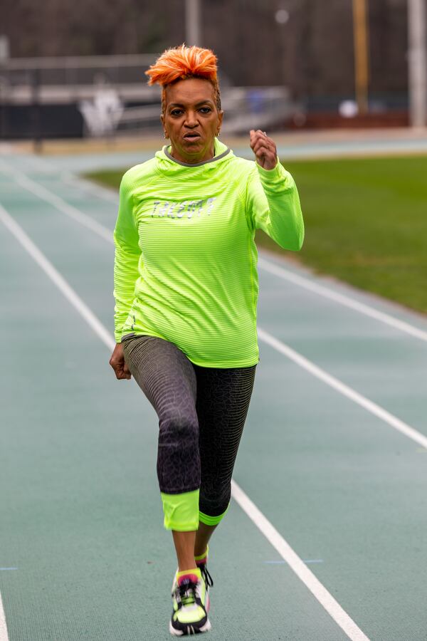 Sprinter India Bridgette practices at the Westminster Schools track.  PHIL SKINNER FOR THE ATLANTA JOURNAL-CONSTITUTION