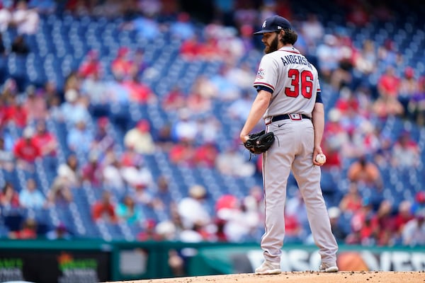 Atlanta Braves' Ian Anderson plays during a baseball game against the Philadelphia Phillies, Thursday, June 10, 2021, in Philadelphia. (AP Photo/Matt Slocum)