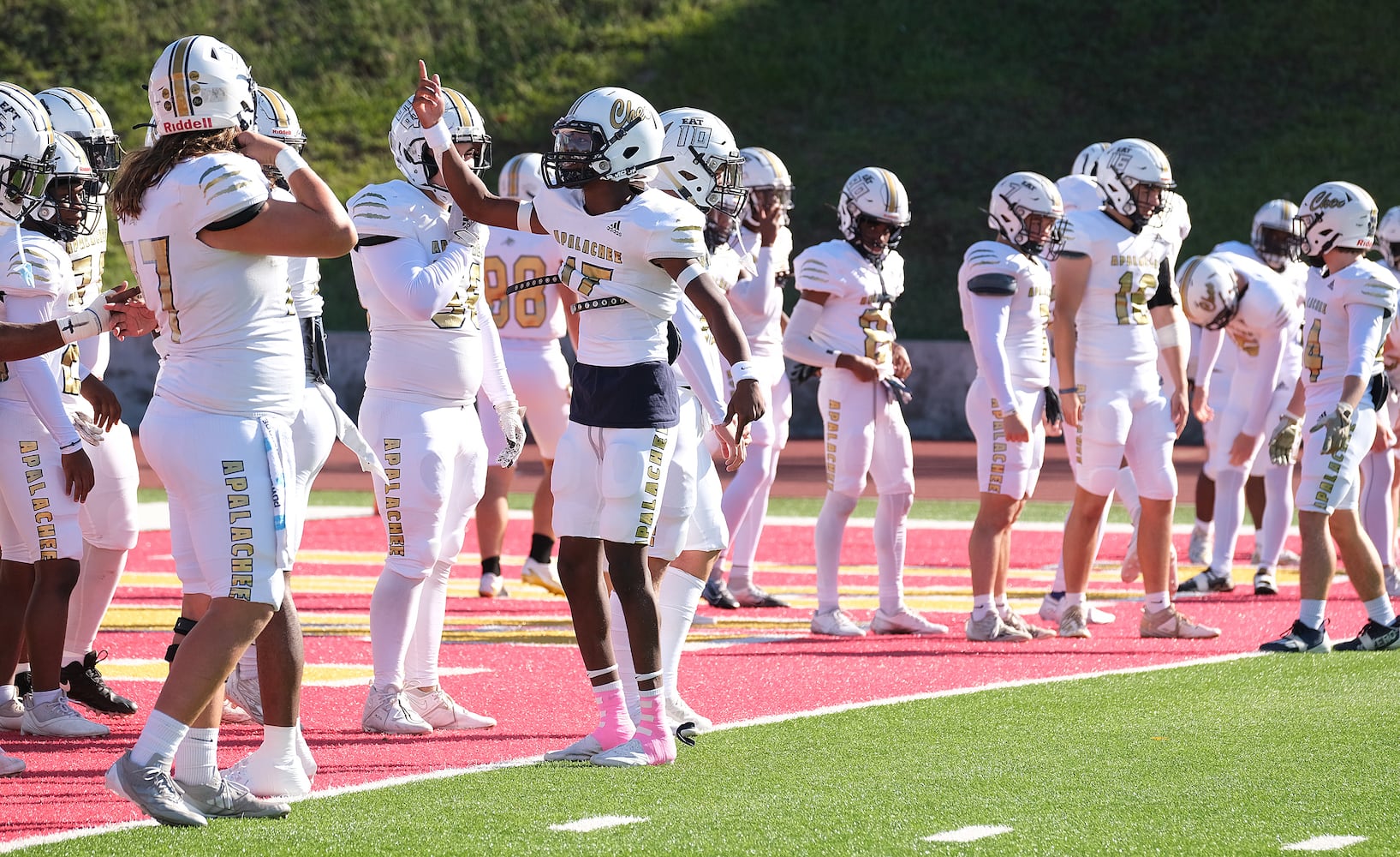 Apalchee players warm up before the game.
Apalachee High School returned to the field against Athens Clarke Central Saturday September 28, 2024 in their first game since the school schooting earlier in the month.

 Nell Carroll for the Journal Constitution