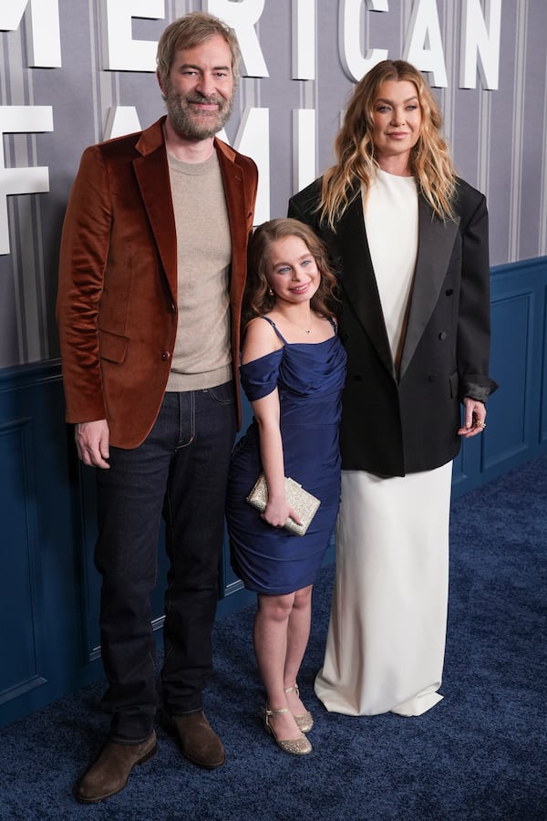 Mark Duplass, from left, Imogen Faith Reid, and Ellen Pompeo arrive at an FYC screening of "Good American Family" on Thursday, March 13, 2025, at DGA Theater Complex in Los Angeles. (AP Photo/Chris Pizzello)