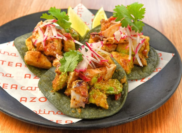 Tostada de Pulpo (grilled Spanish octopus, avocado, salsa matcha) at Azotea Cantina. (Chris Hunt for The Atlanta Journal-Constitution)