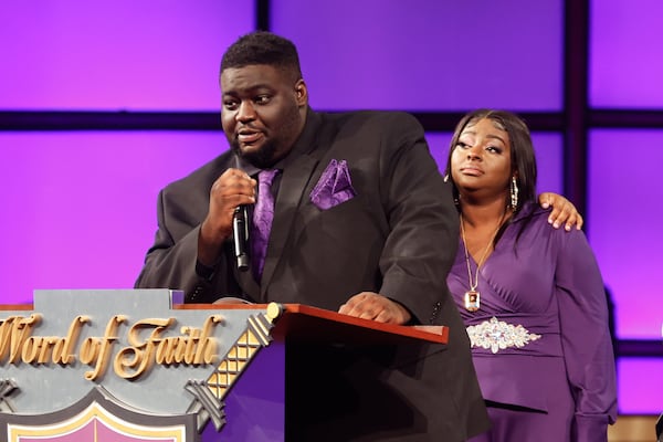 Michael Archer II and Diamond Stone, son and daughter of R&B singer Angie Stone give remarks during their mother’s funeral service at Word of Faith Cathedral in Austell on Friday, March 14, 2025. (Natrice Miller/ AJC)