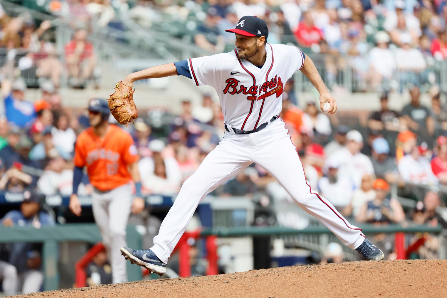 Atlanta Braves relief pitcher Danny Young (65) delivers to a Houston Astros batter in the top of the ninth inning at Truist Park, Sunday, April 23, 2023, in Atlanta. The Braves lost to the Houston Astros 5-2.

Miguel Martinez / miguel.martinezjimenez@ajc.com 