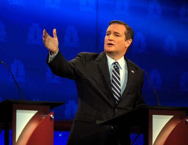 Ted Cruz talks about the mainstream media during the CNBC Republican presidential debate at the University of Colorado, Wednesday, Oct. 28, 2015, in Boulder, Colo. (AP Photo/Mark J. Terrill)