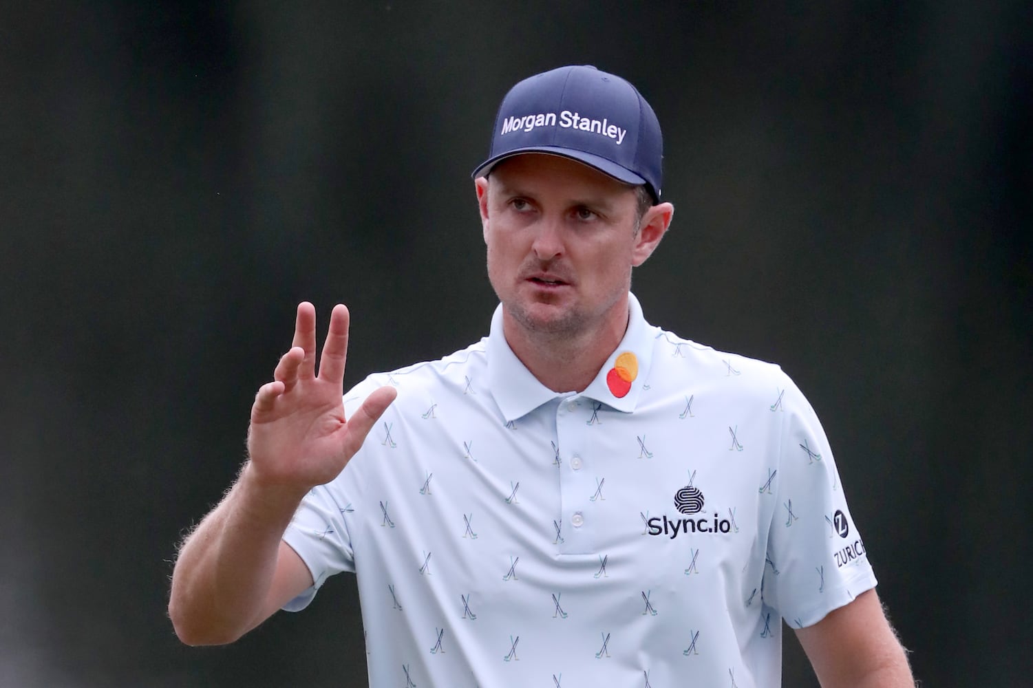 April 8, 2021, Augusta: Justin Rose reacts to making a birdie on the sixteenth hole during the first round of the Masters at Augusta National Golf Club on Thursday, April 8, 2021, in Augusta. Curtis Compton/ccompton@ajc.com