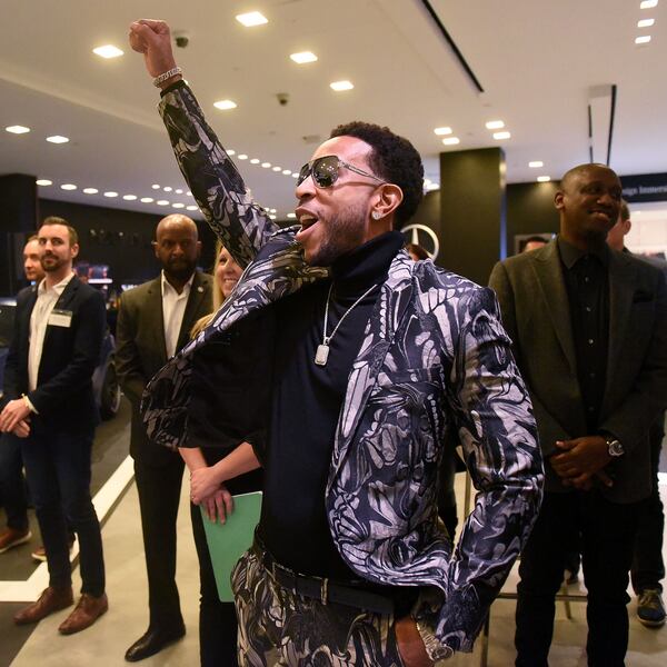 Rapper-actor Ludacris reacts after watching his Mercedes-Benz commercial for the first time. It will air Sunday during Super Bowl LIII. The Atlanta Journal-Constitution was invited, along with special guests, for a private viewing of the TV spot at the Mercedes-Benz Brand Center in Phipps Plaza, Wednesday, Jan. 30, 2019 Atlanta. Ryon Horne / RHORNE@AJC.COM