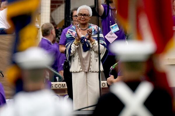 Billye Aaron, the wife of the late Hank Aaron, watches the pre game festivities prior to the MLB All-Star baseball game, Tuesday, July 13, 2021, in Denver. (AP Photo/Gabriel Christus)