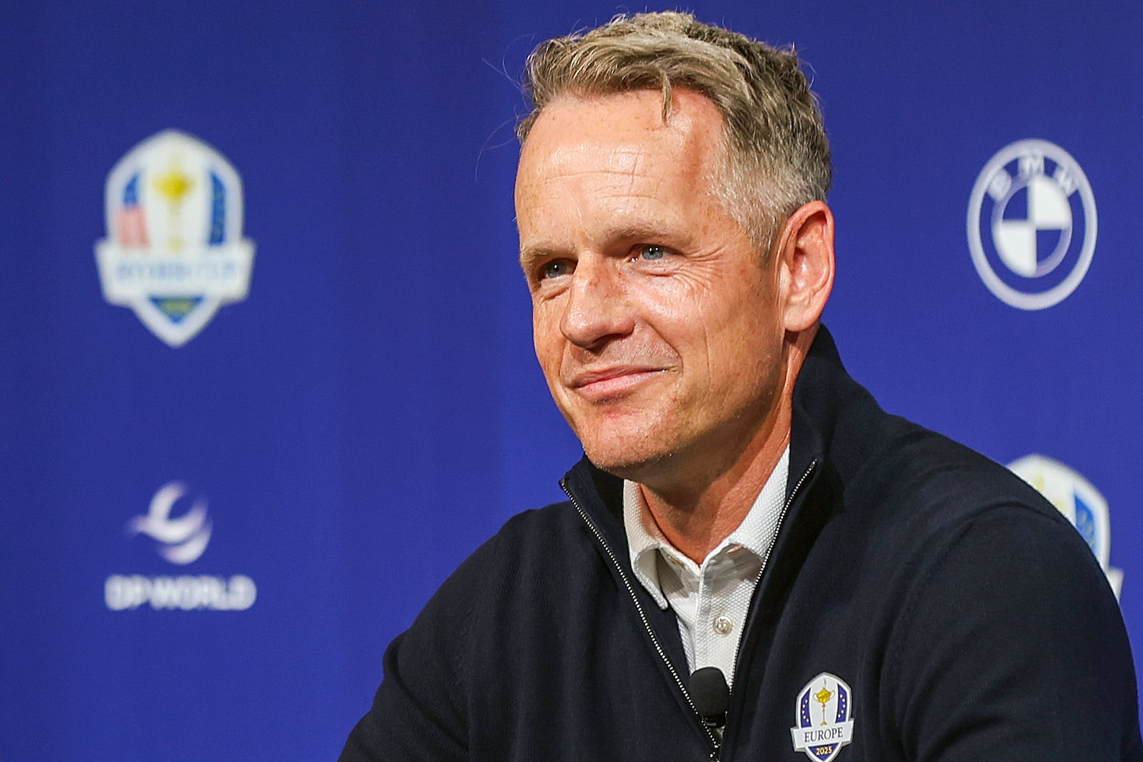 Team Europe Ryder Cup golf team captain Luke Donald speaks at a press conference in New York, Tuesday, Oct. 8, 2024. (AP Photo/Heather Khalifa)