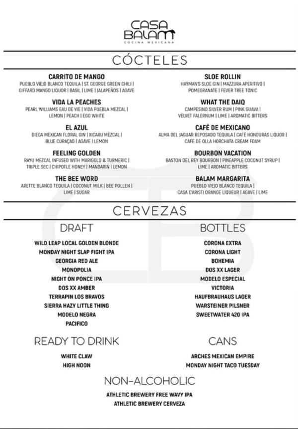 Casa Balam menu