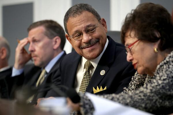 House Agriculture, Rural Development, Food and Drug Administration and Related Agencies Subcommittee ranking member Rep. Sanford Bishop (D-Georgia), center, and Rep. Rosa DeLauro (D-Connecticut) hear testimony from Food and Drug Administration Commissioner Scott Gottleib about the Trump Administration's proposed federal budget during a hearing in the Rayburn House Office Building on Capitol Hill May 25, 2017 in Washington, D.C. (Chip Somodevilla/Getty Images/TNS)