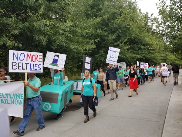 The group Beltline Rail Now oraganized a march and rally Sunday afternoon, October 6, 2019, to urge MARTA to make a light rail project a top priority. (Photo: Stephen Deere/AJC)