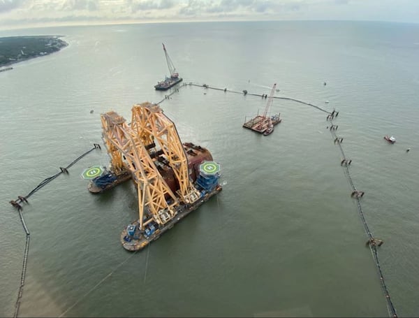 Aerial observers survey the Golden Ray wreck site for any environmental impacts on Thursday, July 22, 2021. (St. Simons Sound Incident response photo)