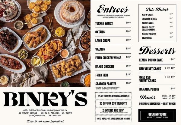 Binky's menu