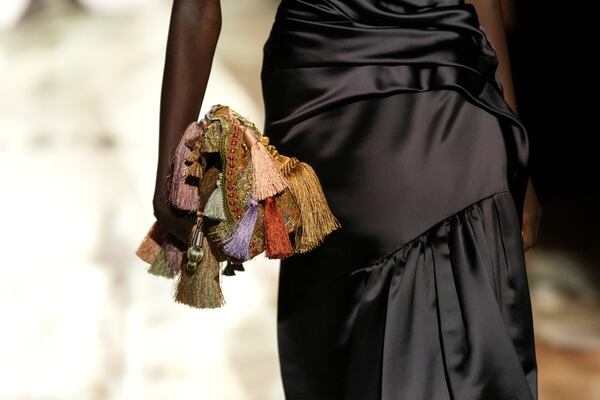 A model wears a creation as part of the Dries Van Noten Fall/Winter 2025-2026 Womenswear collection presented in Paris, Wednesday, March 5, 2025. (Photo by Scott A Garfitt/Invision/AP)