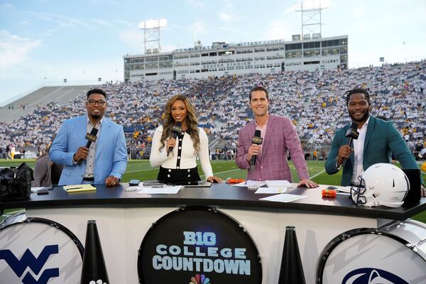 From left, Joshua Perry, Maria Taylor, Matt Cassel and Michael Robinson of NBC Sports at a college football game at Beaver Stadium in State College, Pa., home of the Penn State Nittany Lions. (Photo courtesy of NBC)