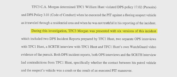 An internal affairs investigator for the Department of Public Safety noted that he was presented with six different versions of the events that led to the crash that killed Ruthie Richardson. (Ga. Dept. of Public Safety)