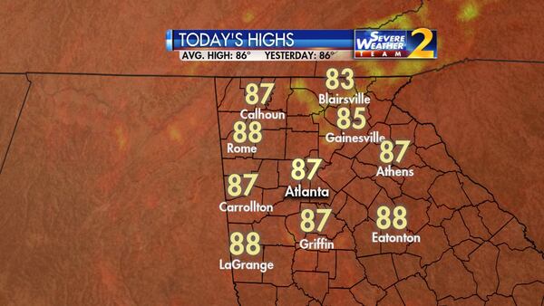 Atlanta’s high is expected to reach 87 degrees. (Credit: Channel 2 Action News)