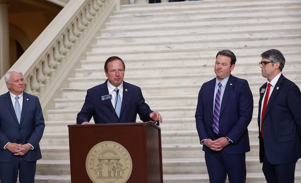 Senate Finance Chairman Chuck Hufstetler discusses new legislation taking aim at the state's tax breaks for the film industry and data centers during a press conference Wednesday. Joining him were House Speaker Jon Burns, from left, Lt. Gov. Burt Jones and House Ways and Means Chairman Shaw Blackmon.