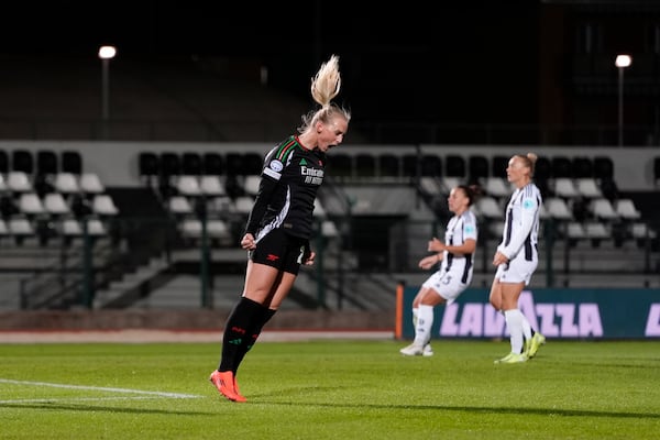 Arsenal's Stina Blackstenius celebrates scoring his side's second goal during the women's Champions League soccer match between Juventus and Arsenal at the Vittorio Pozzo La Marmora Stadium in Biella, Italy, Tuesday, Nov. 12, 2024. (Fabio Ferrari/LaPresse via AP)