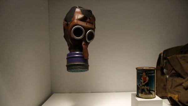 A child's gas mask is part of the permanent exhibit "Salute to the Home Front" at the National World War II Museum which will open to the public this Saturday, in New Orleans, Monday, June 5, 2017. The exhibit tells the home front story from the 1920s to the development of the atomic bomb. (AP Photo/Gerald Herbert)