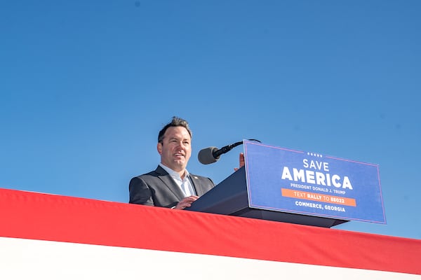 Georgia state Sen. Burt Jones, R-Ga., speaks to supporters of former U.S. President Donald Trump at a rally at the Banks County Dragway on March 26, 2022, in Commerce, Georgia. (Megan Varner/Getty Images/TNS)