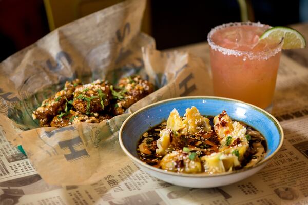 Hawkers Korean Twice Fried Wings, Sichuan Wontons, and a Margari-Thai cocktail. Photo credit- Mia Yakel.