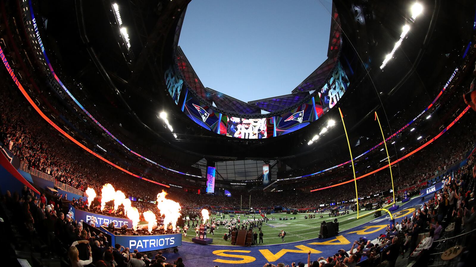 General view of the stadium roof opening prior to Super Bowl LIII between the New England Patriots and the Los Angeles Rams Feb. 3, 2019, at Mercedes-Benz Stadium in Atlanta.