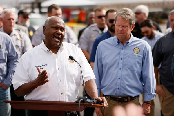 Summerville Mayor Harry Harvey answered questions to a group of affected residents from the floods; earlier, Mayor Harry and another official and emergency management personnel briefed Gov. Brian Kemp about the flood damage caused by the severe rains over Labor Day weekend.
Sunday, September 7, 2022. Miguel Martinez / miguel.martinezjimenez@ajc.com