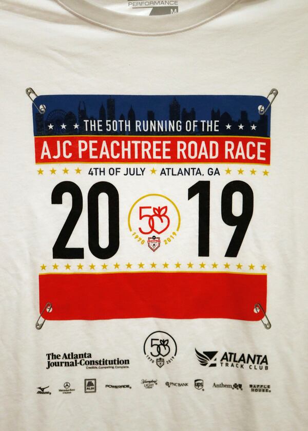 July 2, 2019, 2019 -  Atlanta - EMBARGOED UNTIL THURSDAY EDITION FOR PRINT, OR 6:25 AM THURSDAY FOR DIGITAL.  The  2019 Peachtree Road Race t-shirt design.  Bob Andres / bandres@ajc.com